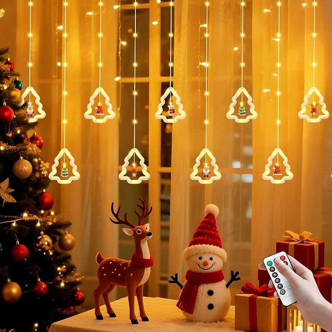 Christmas Tree Curtain Lights, Christmas Window Lights Decor with Remote,8 Lighting Modes, IP65 Waterproof, 10 Hooks Christmas Decorations Indoor Outdoor for Bedroom Party Wall Door Window