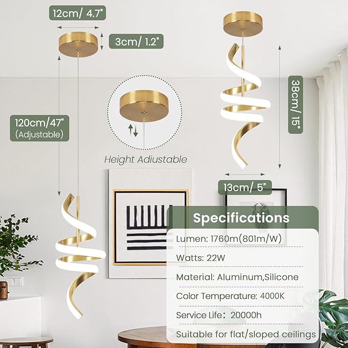 4000K Modern Pendant Light, 15IN Spiral LED Pendant Lights Adjustable Height Black Kitchen Island Fixtures Chandeliers for Dining Room Hanging Lights, 1 Pack (Gold,4000K, Hardwired,2PACKS)