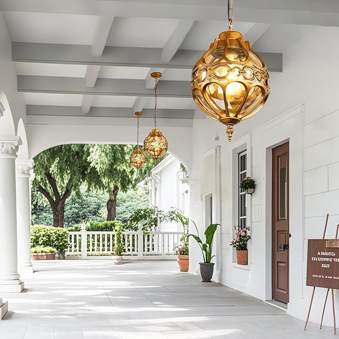 Dusk to Dawn Globe Outdoor Pendant Lights,Vintage Exterior Hanging Pendant Light Fixtures with Adjustable Chain, Aluminum Brass Outdoor Chandelier for Porch, Gazebo,with Sensor,Large