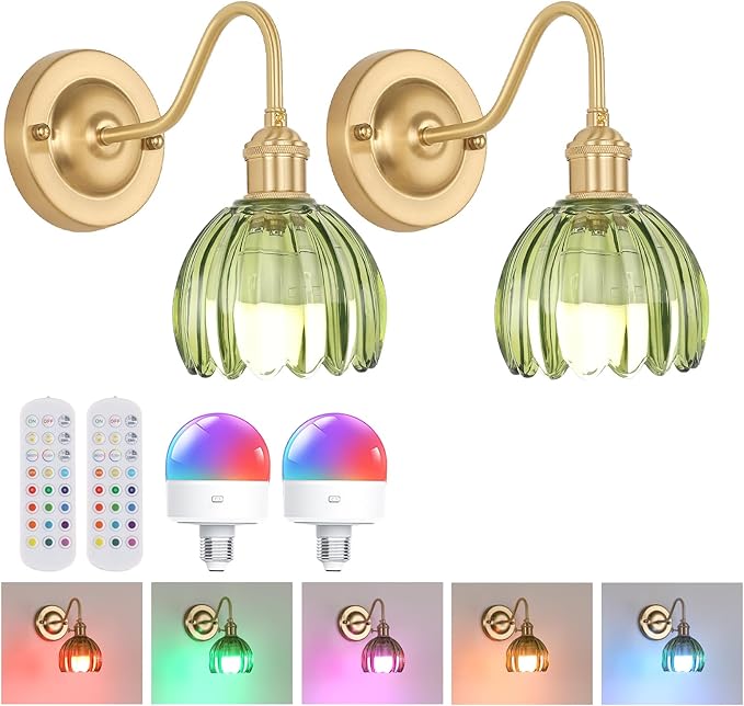 Shenmoyl Vintage Battery Operated Wall Sconce Set of 2, 5000mAh Rechargeable Wall Light, Indoor Battery Powered Wall Lamp for Bedside Bedroom Living Room, Tulip Green