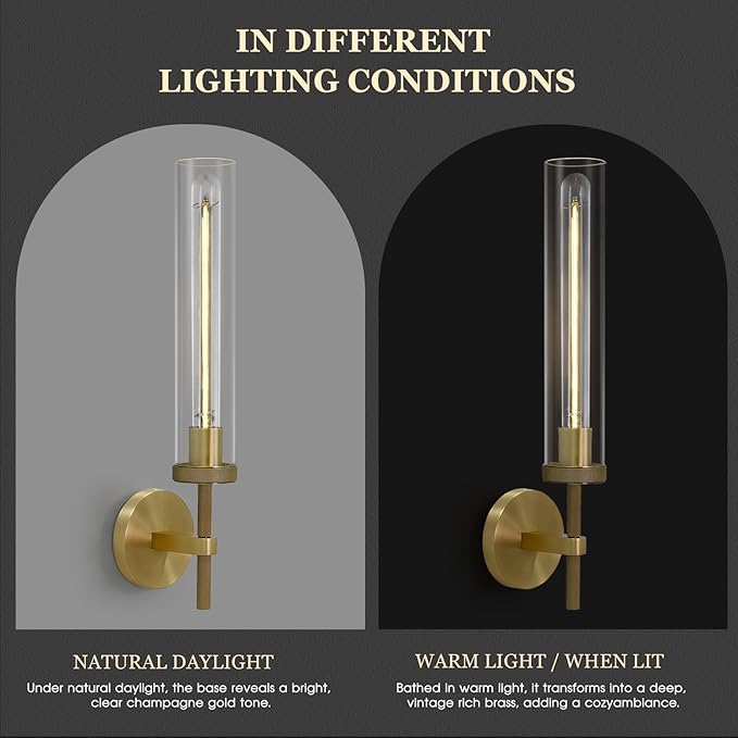 Brass Sconces Wall Lighting, 19" Tube Glass Gold Sconces, Bathroom Wall Sconces Lighting Vanity Lights Wall Lights for Living Room, Hallway, Fireplace, Staircase