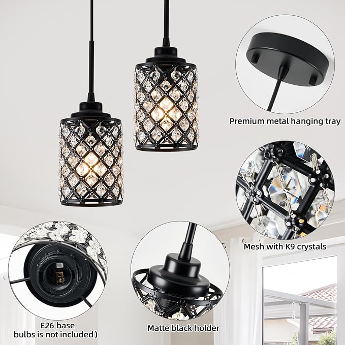 Small Pendant Light Fixtures,3-Pack Modern Pendant Lights Kitchen Island,Black Matte Finish Hanging Lighting K9 Crystal Mini Chandelier for Dining Room,Hallway,Bedroom,Foyer（3 Pack