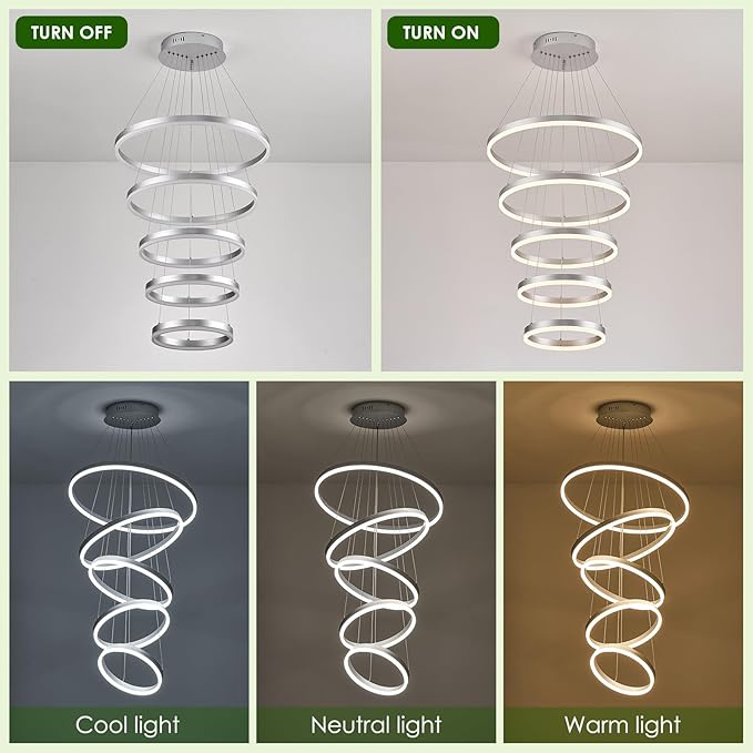 Benkut 5-Rings Modern LED Chandelier Silver High Ceiling Chandelier with Remote Control Dimmable Pendant Lighting for Dining Room Foyer Living Room Entryway Staircase(3000K-6500K, D23.6’’)