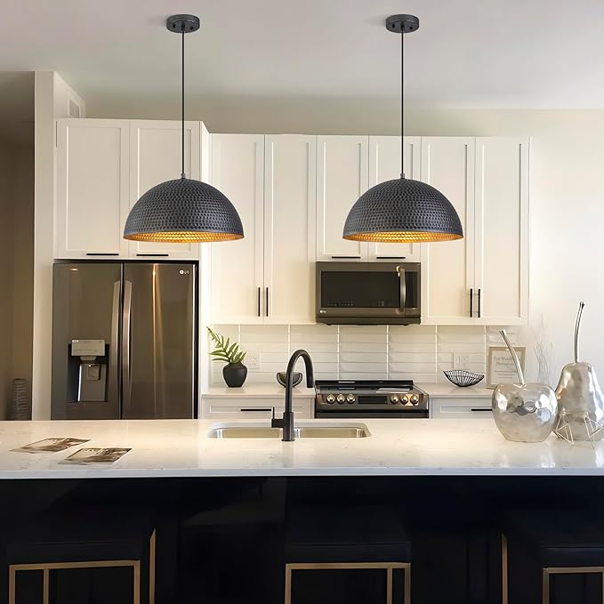 15.7" Farmhouse Pendant Lights Kitchen Island,Black and Silver Hammered Large Industrial Chandelier,Adjustable Metal Dome Pendant Lights for Dining Room,Bedroom,Hallway