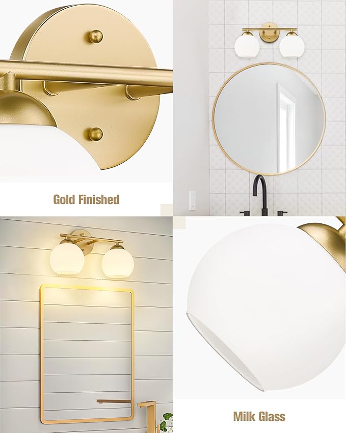 Emak 2-Light Gold Bathroom Light Fixtures, Modern Globe Vanity Lights with Milk Glass Shade for Bathroom, VL114-GD-ML-2