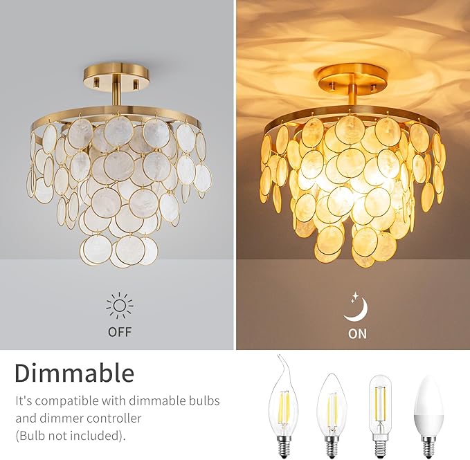 D11 inch Capiz Shell Ceiling Light, 3-Light Coastal Design Semi-Flushmount Light Fixture for Dining Room, Hallway, Bedroom, D11xH13 in, True Capiz Shell & Gold Finish Frame