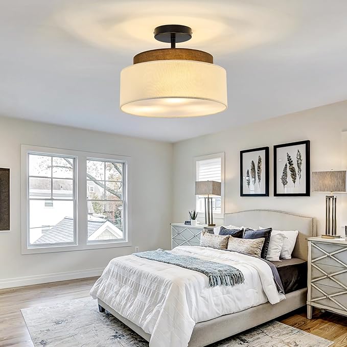 13" Double Drum 3-Light Semi Flush Mount Ceiling Light Fixture Farmhouse Fabric Chandelier with Linen Shade Rustic Black Ceiling Lamp for Bedroom Kitchen Dining Room Hallway Entryway
