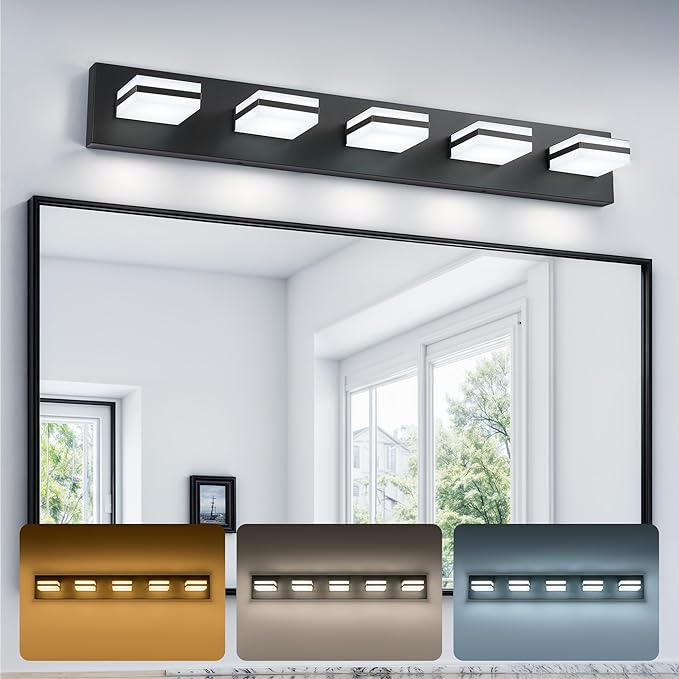 VONLUCE Bathroom Vanity Light Fixture, 5-Light Modern LED Vanity Light, 3CCT Adjustable Bathroom Lights with Memory Function Rotatable Shades, 34" Wall Lighting Fixture Over Mirror, Matte Black