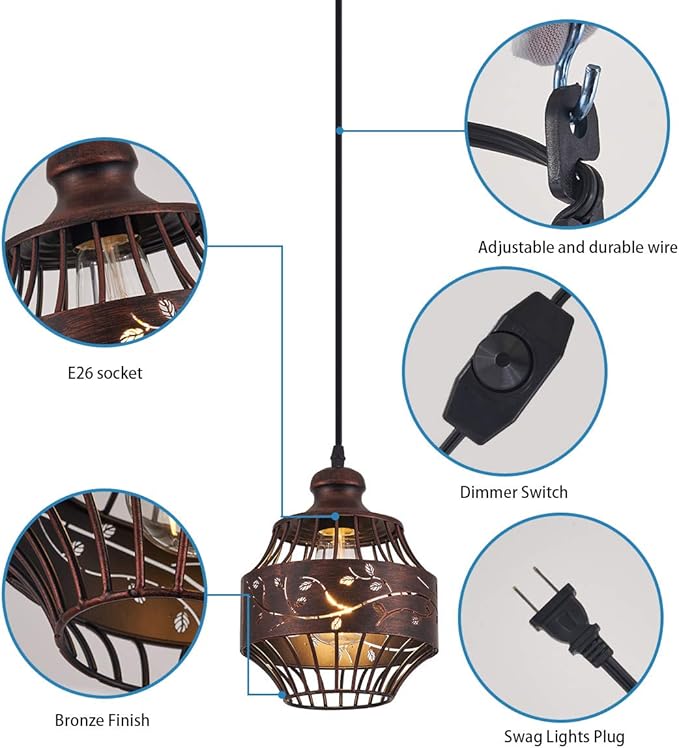 YLONG-ZS Vintage Hanging Lamp Plug in Pendant Lights,Hanging Lights with Plug in 16Ft Cord Dimmable for Bedroom, Living Room