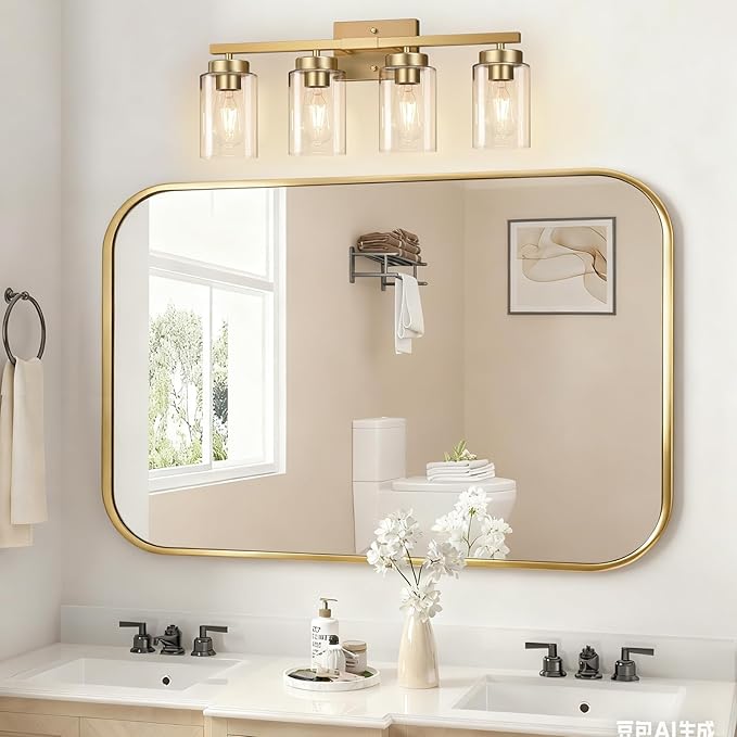 IZORRO Modern Bathroom Light Fixtures, 4 Light Brushed Gold Vanity Lights, Bathroom Lighting Fixtures Over Mirror with Clear Glass for Living Room Cabinet Bedroom