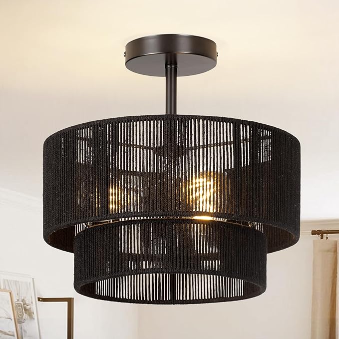 Rattan Ceiling Light Fixture,Boho Style Semi Flush Mount Ceiling Light, 12.6Inch Farmhouse Rattan Light Fixture with Black Woven Drum Lampshade for Entryway, Foyer, Kitchen