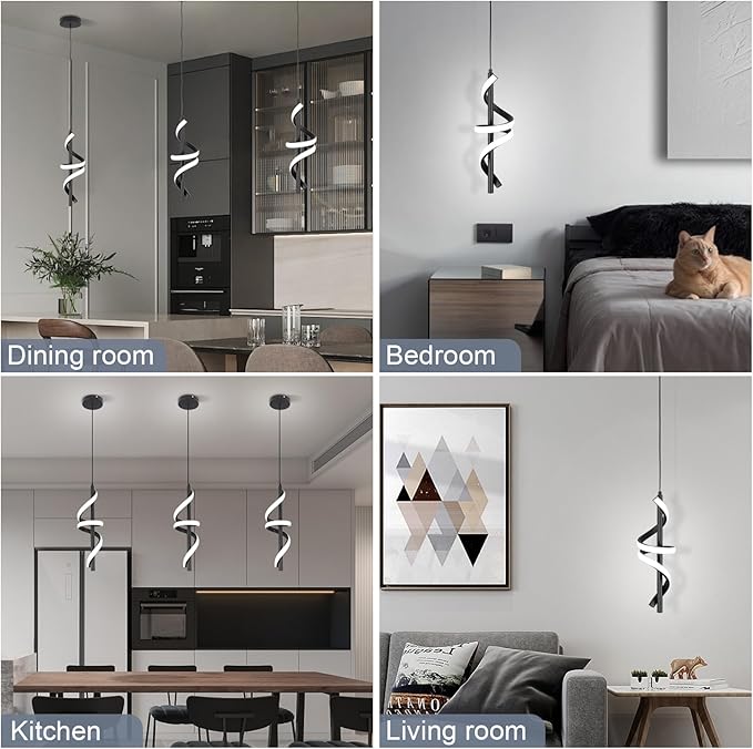 Spiral Led Pendant Light Fixtures, 5500K Cold White Modern Led Pendant Light Kitchen Island, Adjustable Height Kitchen Island Lights Fixtures for Dining Room Kitchen Bedroom Sink, 3 Packs
