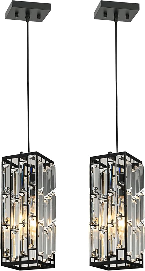 Crystal Pendant Lights for Kitchen Island, Pendant Lighting Modern Pendant Light, Adjustable Pendant Light Fixture for Kitchen (Black, Square-2pcs)