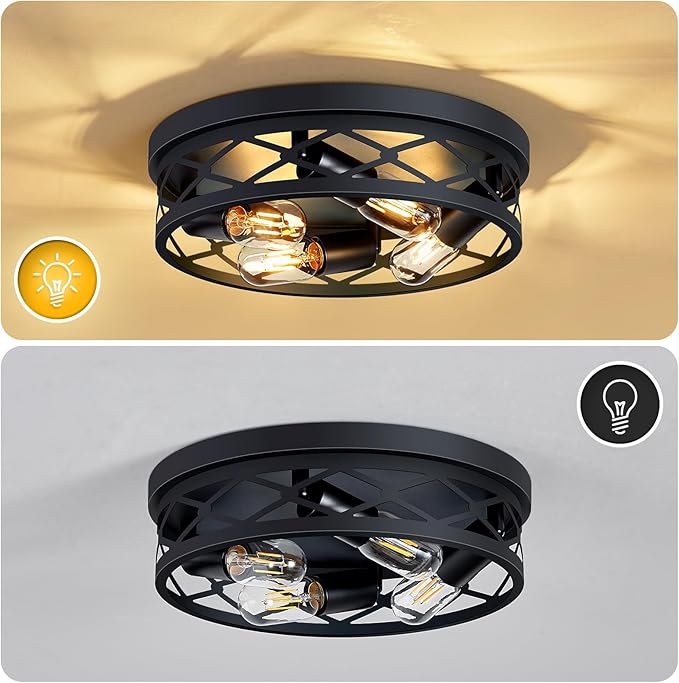 14 inch Hallway Light Fixtures Ceiling,Flush Mount Ceiling Light,4 Light Black Metal Frame,Farmhouse Flush Mount for Living Room Bedroom Kitchen Home E26 Base