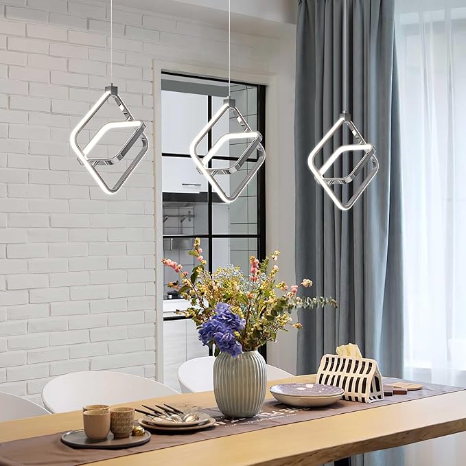 Modern LED Chandelier Chrome Rectangular Pendant Light Fixtures 4000K 20W Dimmable Height Adjustable Pendant Lighting for Dining Room Kitchen Island Bedroom Living Room Foyer（3-Pack）