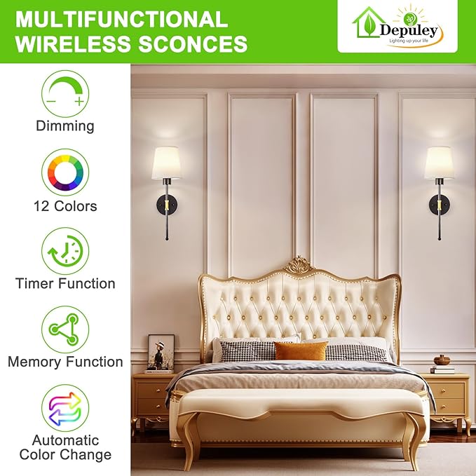 Depuley Battery Operated Wall Sconce: Set of 2 19.99" Wireless Wall Lights with Remote for Bedroom - Rechargeable 15 Colors Black and Gold Wall Lamp for Living Room Hallway Decor