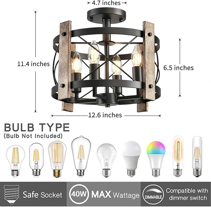 Black Semi Flush Mount Ceiling Light, 4-Light Ceiling Light Fixture, Farmhouse Chandelier Ceiling Light, Rustic Industrial Dining Room Light Fixture for Kitchen Bedroom Hallway Living Room E12