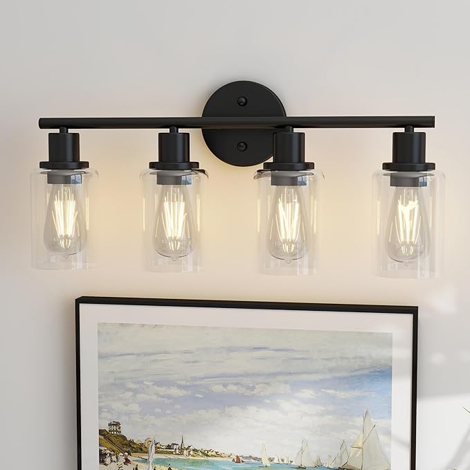 Pia Ricco Bathroom Vanity Light Fixtures, 4-Light Black Vanity Lights with Clear Glass Shades, Modern Wall Sconces Over Mirror, Bath Wall Sconces for Mirror Living Room Bedroom Hallway