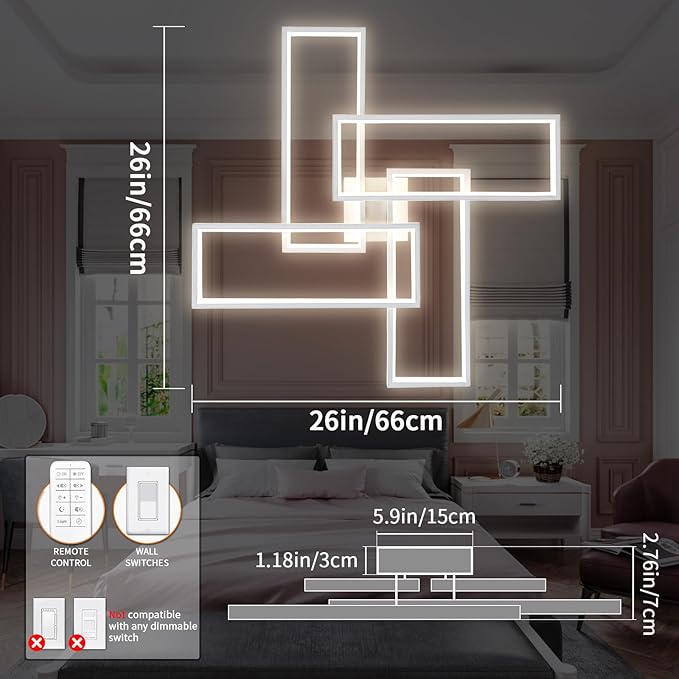 Shine LUEST Modern LED Ceiling Light Fixture White Flush Mount Ceiling Light Dimmable 26" Bedroom Lights for Ceiling with Remote Control 48W Kitchen Ceiling Light Fixtures for Hallway 3000K-6000K