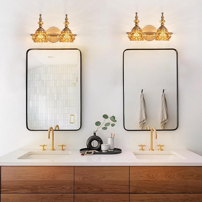 Vintage 2-Light Bathroom Lighting Amber Rose Vanity Light Fixtures Wall Sconce with Crystal Glass Shade Rust-Proof and Durable for Bedroom Living Room Hallway