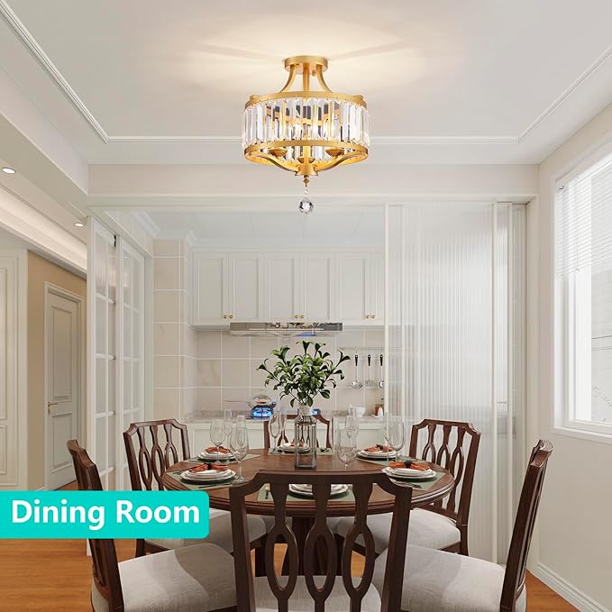 Modern 3-Light K9 Crystal Chandelier Ceiling Light, Handmade Crystal Gold Ceil Light Fixture for Dining Room, Living Room, Bedroom, Gold Frame, E12 Socket, D13inch*H17inch