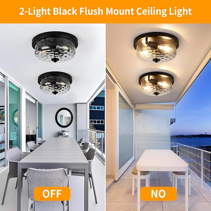 Black Flush Mount Ceiling Light, Farmhouse Hallway Light Fixtures with Water Ripple Glass Shade 2-Light Outdoor Flush Mount Lights for Porch Ceiling, Kitchen, Foyer, Entryway, Dining Room