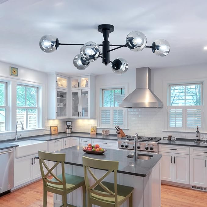 hesoge Modern Sputnik Ceiling Lights Black Semi Flush Mount Ceiling Fixture with Glass Globes 6 Light Chandelier for Dining Room Bedroom Living Room Kitchen Farmhouse.
