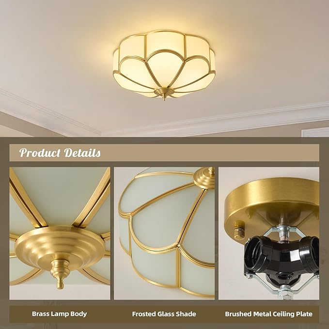 Gold Vintage Brass Ceiling Light - Small 11.8 Inch Milk Glass Mid Century Flush Mount Lighting Fixtures - Art Deco Antique Modern Lamp for Hallway Bedroom Kitchen Entryway Laundry Foyer Bathroom Hall