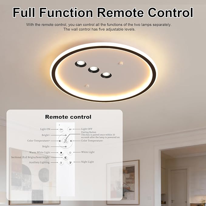 Modern Round LED Flush Mount Ceiling Light with Black Finish & 3 Adjustable Spotlights, Dimmable Soft Glow Ceiling Lighting for Living Room Bedroom Hallway