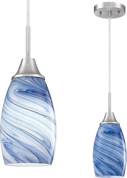 Viinew Mini Glass Pendant Light 1-Pack Dark Blue Marble Art Glass Pendant Lights Kitchen Island Brushed Nickel Finish Hanging Light for Kitchen Over Sink,Dining Room,Foyer,Hallway