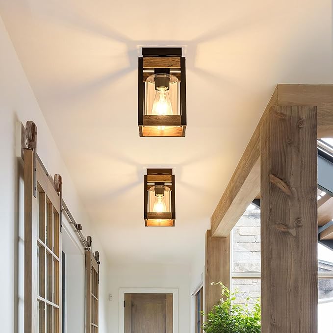 Mayful Farmhouse Flush Mount Ceiling Light, Rustic Ceiling Light Combine with Metal and Wood Frame, Clear Glass Ceiling Light Fixture for Kitchen Island Entryway Porch Foyer Dining Room