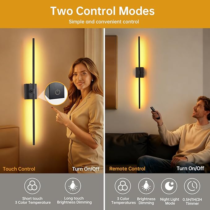 Shenmoyl Battery Operated Wall Sconce Set of 2, 10000mAh Rechargeable Wall Sconces with Detachable Battery, Indoor 350°Rotate Wall Lights for Bedroom Living Room, Black, 31.5 Inch