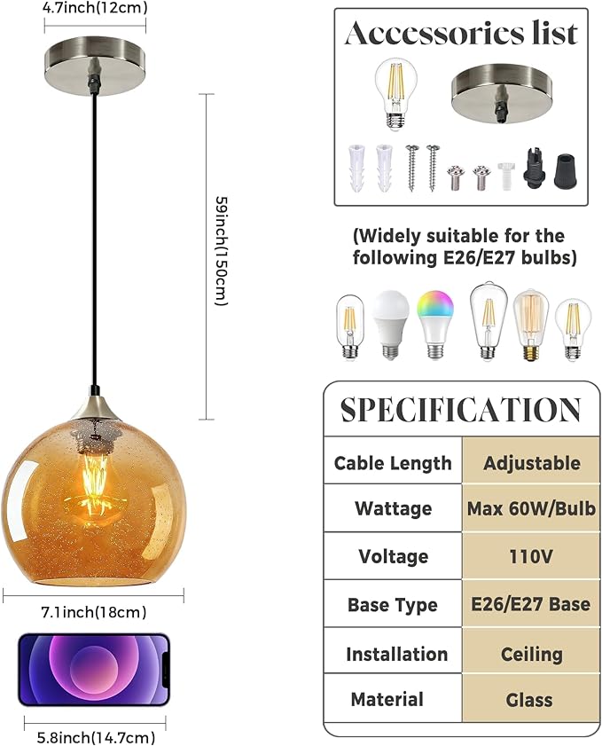 7.1in Medium Amber Glass Pendant Light for Kitchen Island, 2-Pack with Extra LED Bulbs & 4.92ft Adjustable Cord | Modern Minimalist Lighting for Dining Room, Living Room, Entryway