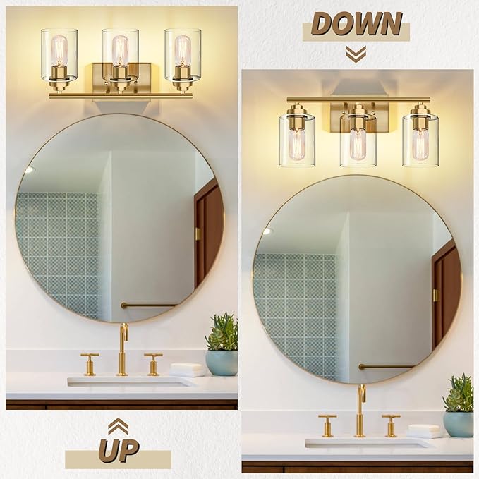 SKEJAO Bathroom Vanity Light Over Mirror,Bathroom Light Fixture Wall Sconce Lighting for Bedroom,Living Room (Gold, 3-Light)