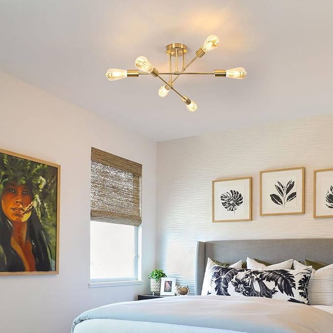 DELIPOP Modern Sputnik Chandelier, 6-Light Gold Industrial Metal Semi Flush Mount Ceiling Light, E26 Base Sputnik Ceiling Light Fixture for Dining Room, Living Room, Kitchen, Bedroom