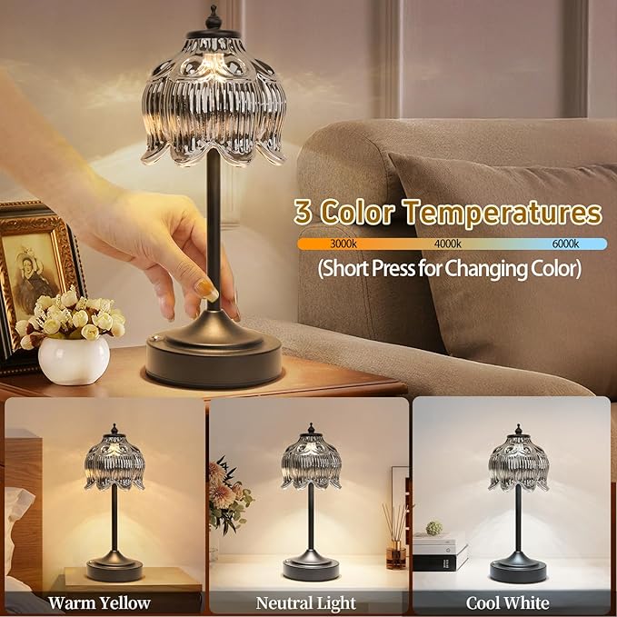Cordless Lotus Flower Table Lamp, 5200mAh Rechargeable Battery Operated Portable Lamp, 3-Color Dimmable Touch Control Small Desk Lamp for Bedroom, Office, Kitchen, Nightstand,Room Decor(Black)