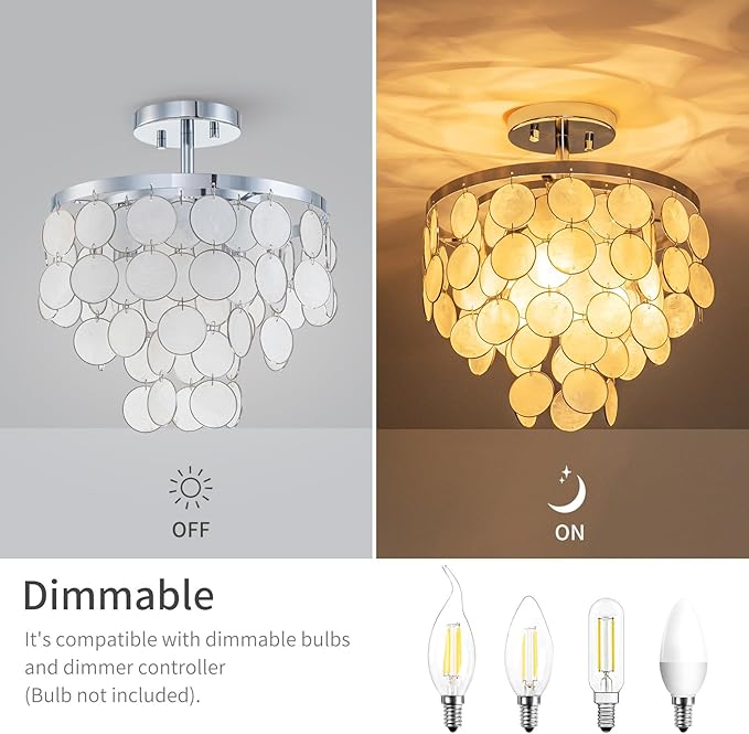 D11 inch Capiz Shell Ceiling Light, 3-Light Coastal Design Semi-Flushmount Light Fixture for Dining Room, Hallway, Bedroom, D11xH13 in, True Shell Pendants& Chrome Finish Frame