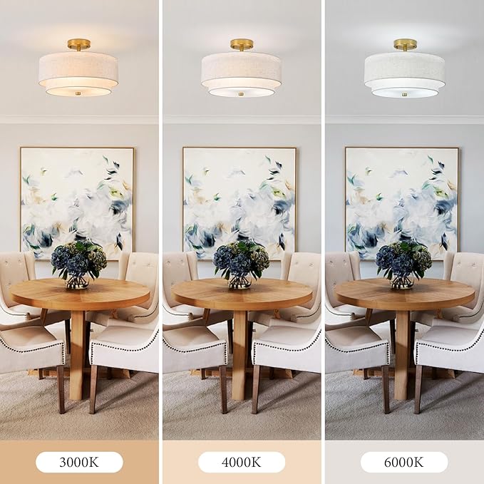 3-Light Semi Flush Mount Ceiling Light,16" Close to Ceiling Light Fixtures with Farmhouse Fabric Linen Shade, Double Drum Gold Flush Mount Ceiling Light for Bedroom Living Room Kitchen Dining Room