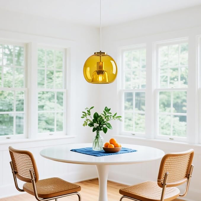 Yellow Glass Pendant Lights Kitchen Island Gold Hanging Light Fixture Glass Globe Pendant Light Modern Pendant Lighting for Kitchen Island Bedroom Dining Room (7.87", 2 Pack)