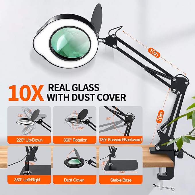 KimFilter 10X Magnifying Glass with Light and Stand | Dust Cover Design, 5 Color Temp Modes Dimmable LED Magnifying Lamp with Swing Arm | Hands Free Desk Magnifying Light for Crafts, Read & Close Work