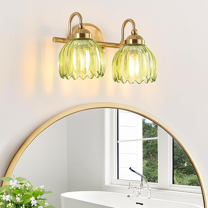 Vintage Bathroom Light Fixtures, Brass Vanity Lights with Green Tulip Glass Shade, Vanity Sconces for Bathroom Bedroom Living Room Hallway, 2-Light