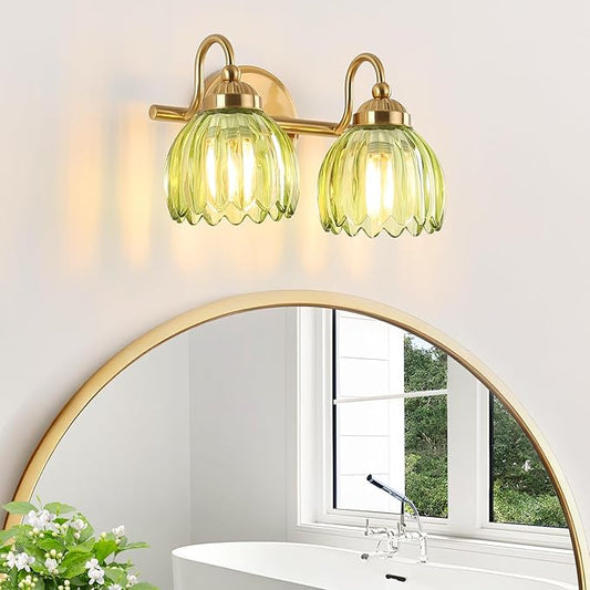 Vintage Bathroom Light Fixtures, Brass Vanity Lights with Green Tulip Glass Shade, Vanity Sconces for Bathroom Bedroom Living Room Hallway, 2-Light
