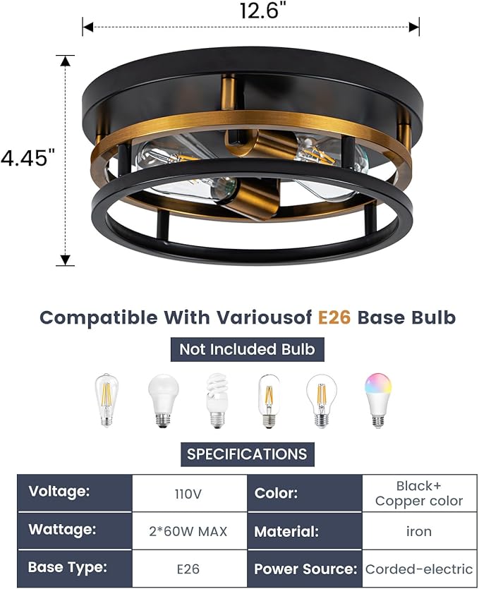 Antique Gold Bronze Flush Mount Light, Electroplated Bronze & Black 2-Light Fixture for Kitchen Hallway Bedroom, Low Profile E26 Close-to-Ceiling Lighting (Single Unit)