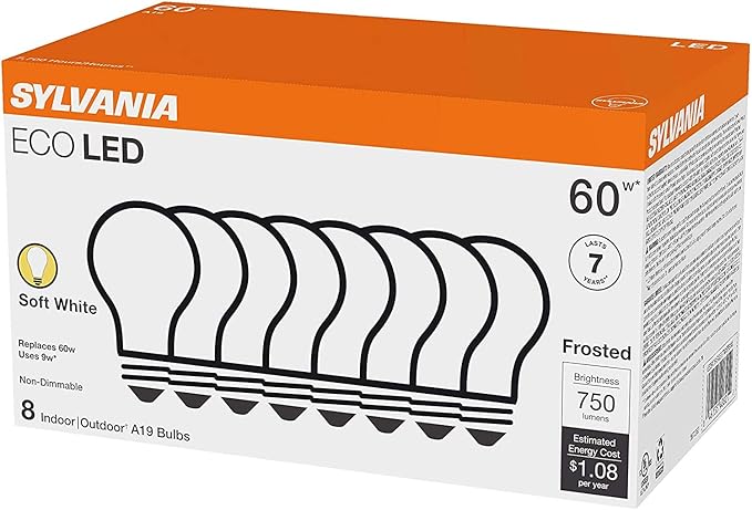 Sylvania ECO LED Light Bulb, A19 60W Equivalent, Efficient 9W, 7 Year, 750 Lumens, 2700K, Non-Dimmable, Frosted, Soft White - 8 Pack (40821)