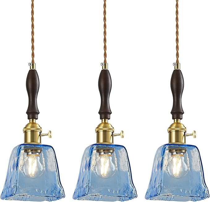 Blue Glass Vintage Pendant Light Height Adjustable Handmade Glass Pendant Lights Kitchen Island Gold Hanging Light Fixture with Wood Handle for Bedroom Dining Room Hotel (3 Pack)