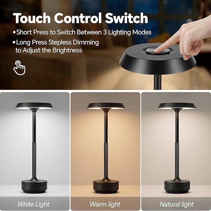 Mevnxi Cordless Table Lamp, Portable LED Desk Lamp, 5000mAh Battery Operated, 3 Color Stepless Dimming Up, for Restaurant/Bedroom/Bars/Outdoor Party/Camping/Coffee Shop Atmosphere Night Light(Black)