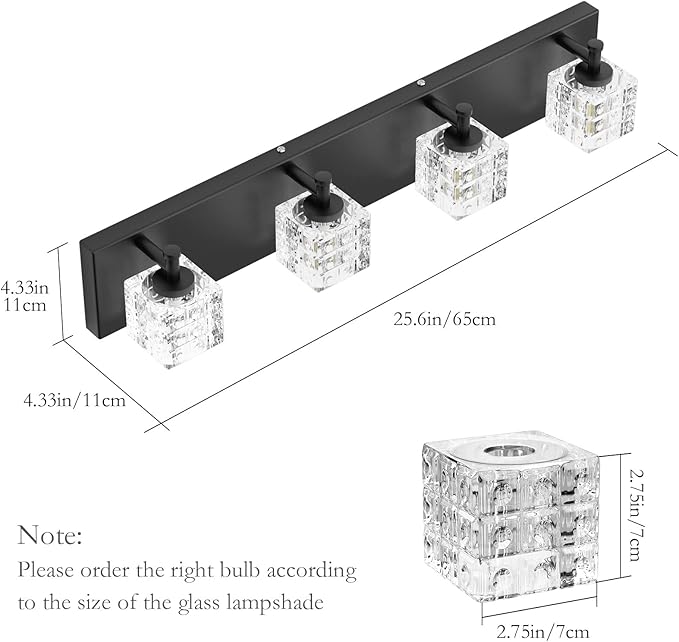 Ralbay Crystal Vanity Lights - 4 LED Modern Matte Black Bathroom Vanity Lights Over Mirror