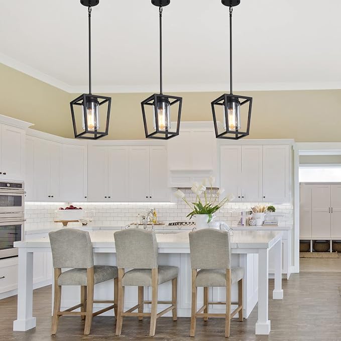 SGLfarmty Pendant Lights Kitchen Island, 1-Light Black Modern Farmhouse Adjustable Lantern Hanging Fixture with Glass Shade for Dining Room Entryway Hallway