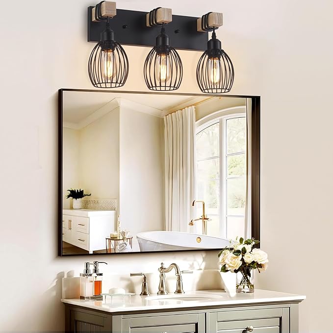 Farmhouse Bathroom Vanity Light, 3-Light Rustic Wood Bathroom Lighting Fixtures Over Mirror, Industrial Black Vanity Lights with Elegant Teardrop Lampshade for Bedroom Living Room Hallway