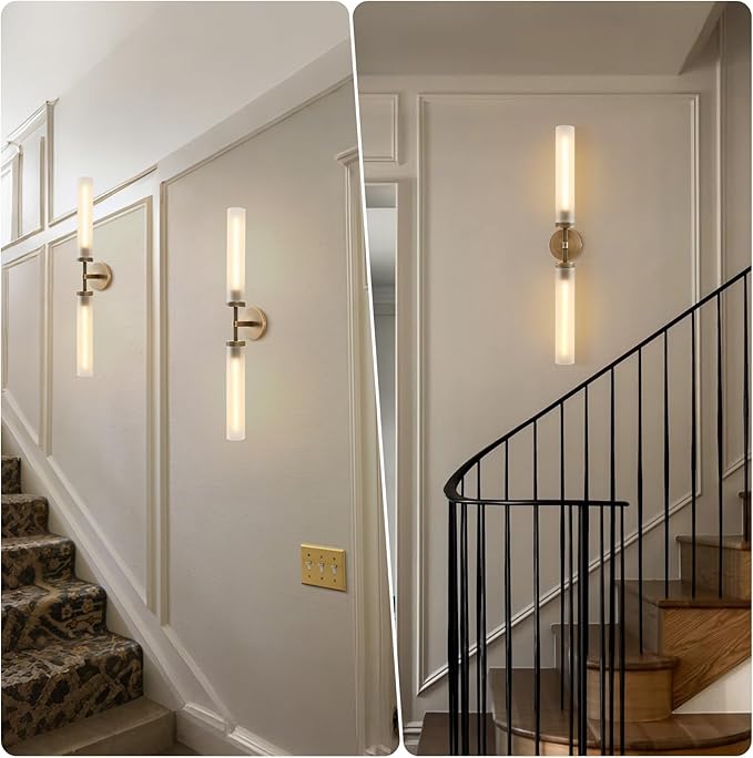 30" 2 Lights Hardwired Frosted Glass Bathroom Wall Sconces, Handmade Knurled Brass Wall Light Fixture,Modern Vanity Light for Living Room,Hallway, Bedroom, Indoor Wall Lamp, Bulb Included